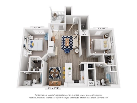 Floor plan for 2 beds, 2 baths, 1218 sqft